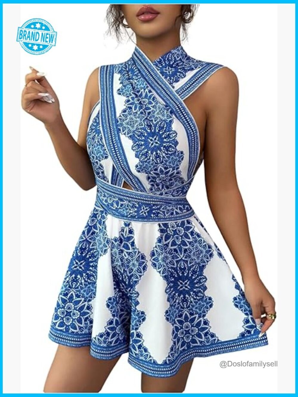 Allover Floral Print Halter Jumpsuit Backless Tie Back High Waist Wide Leg